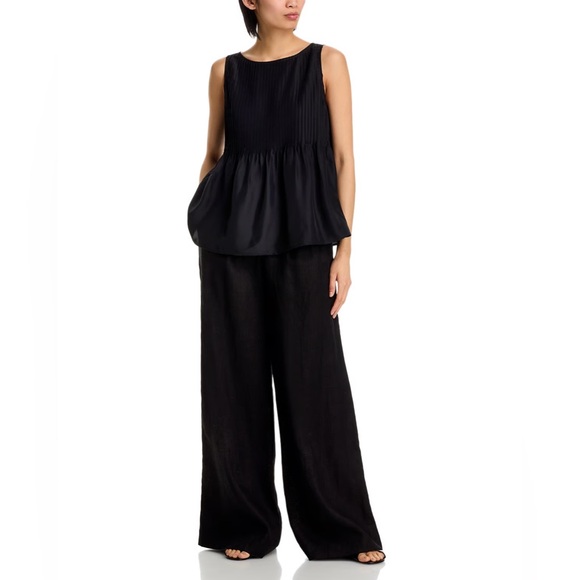 Eileen Fisher 100% Silk Boat Neck Pleated Shell Top